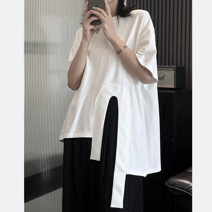 Cross cotton half sleeved T-shirt for women's summer new loose irregular black and white short sleeved top - Tech genius & freaks