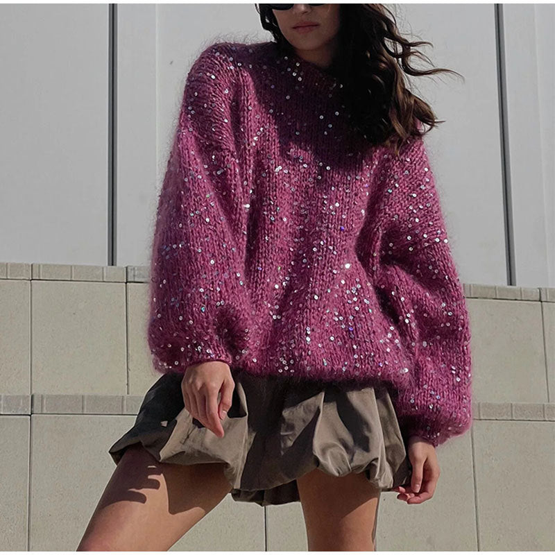 Fashionable sequined sweater, loose round neck lantern sleeve head, knitted sweater - Tech genius & freaks