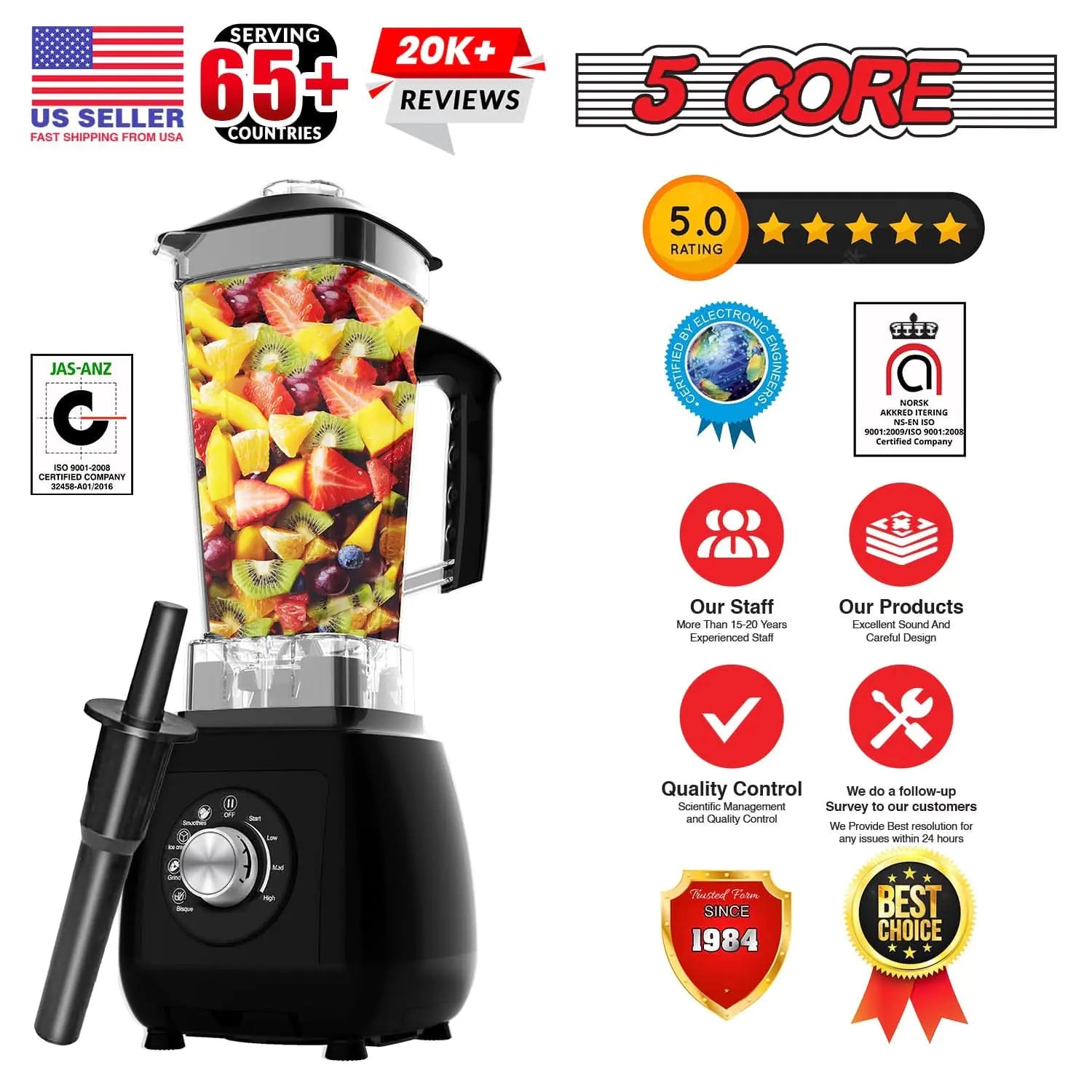 5Core Power Blender 2000W for Smoothies with 68oz Jar - Tech genius & freaks