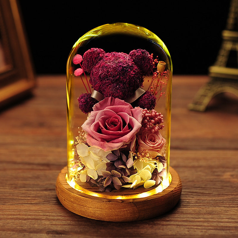 Valentine's Day Gift Everlasting Flower Bear Moss Glass Cover Finished Gift Box for Girlfriend Birthday Ornament Dried Flowers Roses - Tech genius & freaks