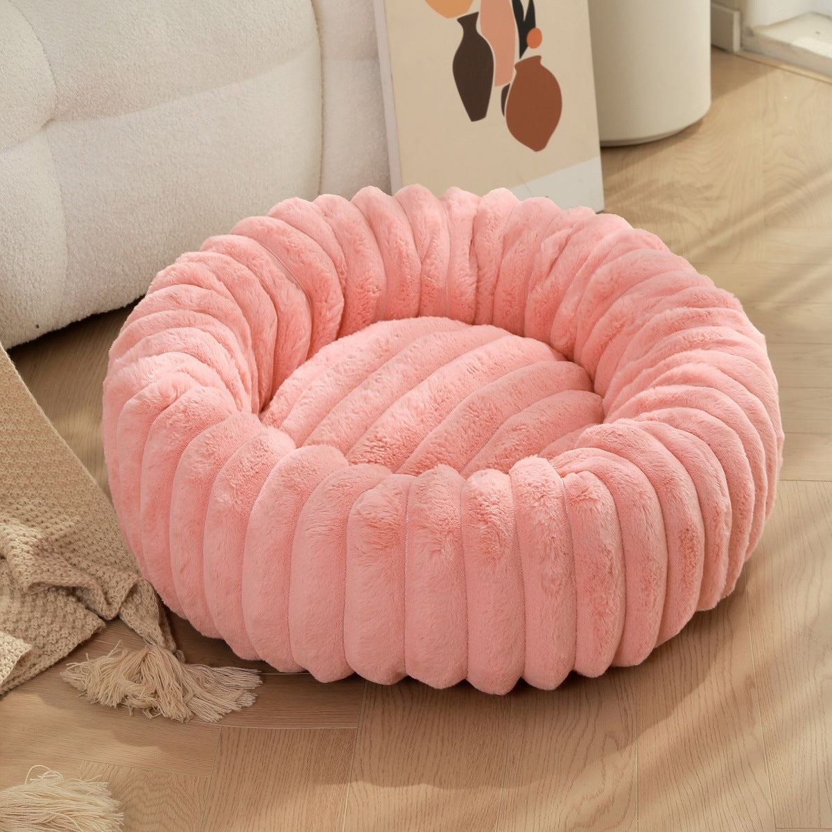 Pet bed high weight straight striped rabbit plush pet mat long hair round cat bed winter warm dog bed dog bed - Tech genius & freaks