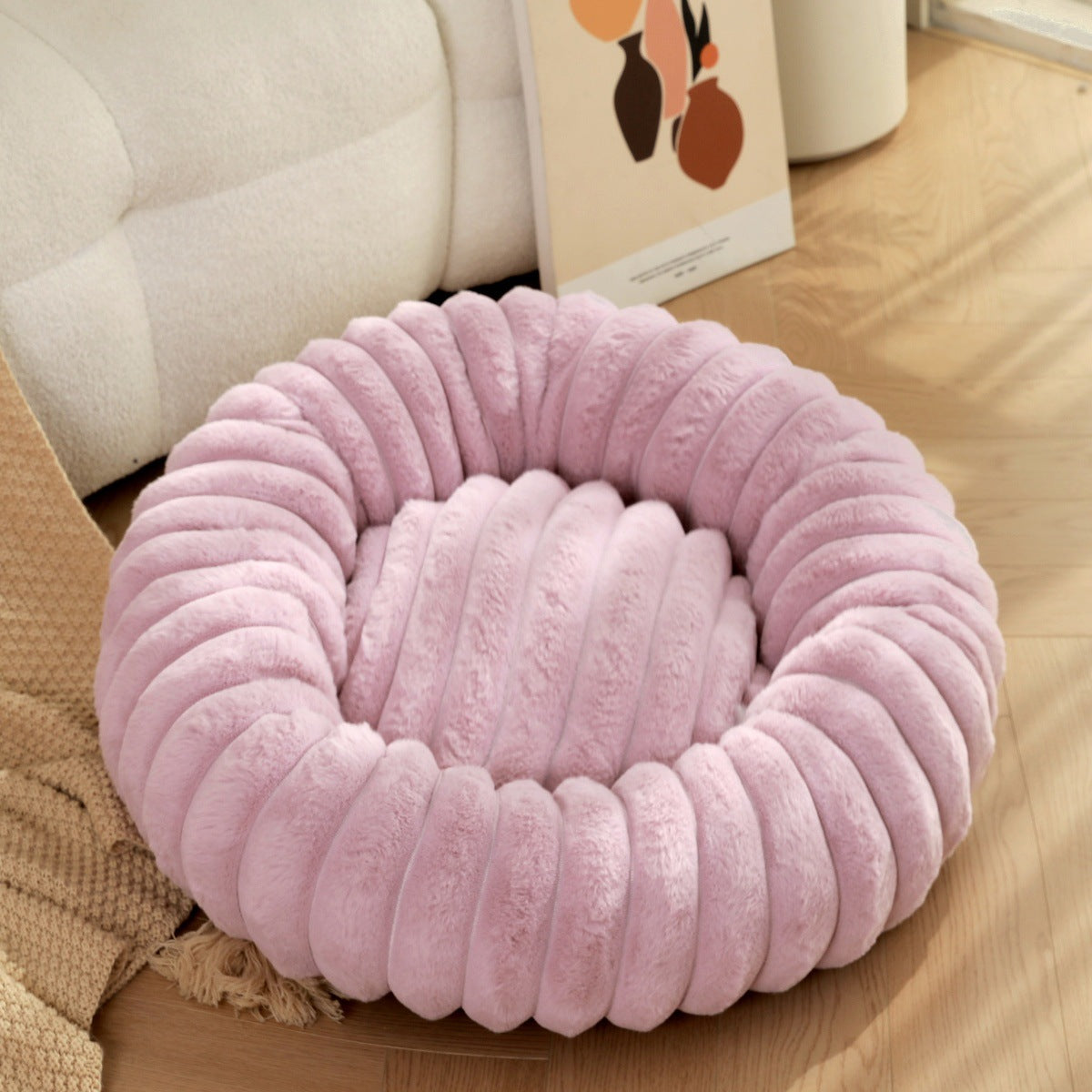 Pet bed high weight straight striped rabbit plush pet mat long hair round cat bed winter warm dog bed dog bed - Tech genius & freaks