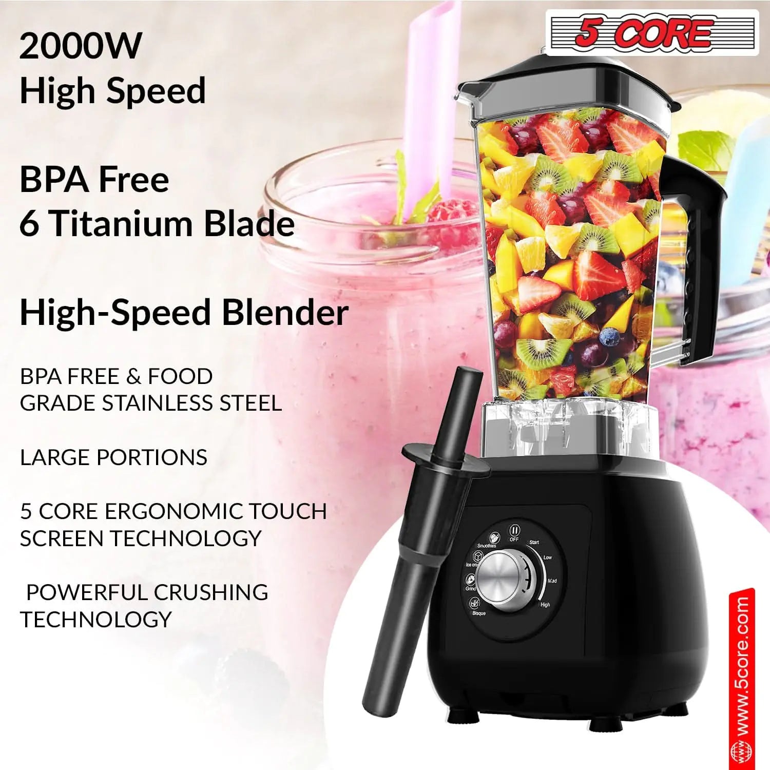 5Core Power Blender 2000W for Smoothies with 68oz Jar - Tech genius & freaks