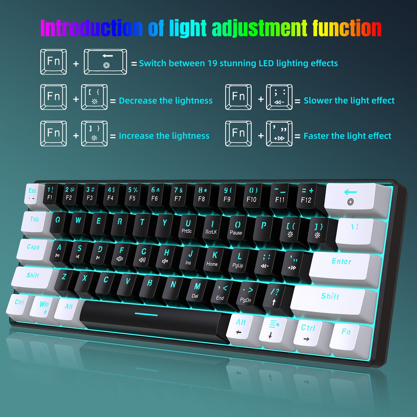 Mechanical keyboard 61 key short style small keyboard for office typing, black and white dual splicing ice blue backlit blue axis gaming keyboard - Tech genius & freaks