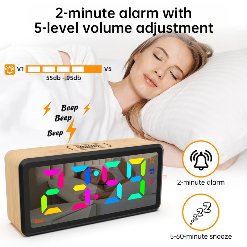 LED Wood-Grain Wooden Clock, RGB Color-Changing Dimming, Daylight Saving Time & Week Display, Desktop Electronic Alarm Clock - Tech genius & freaks