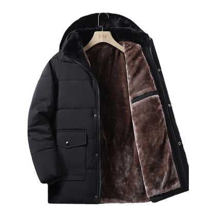 Coat men's winter new style with added velvet and thickened warm cotton clothing, business and leisure mid length hooded plus size men's cotton clothing - Tech genius & freaks