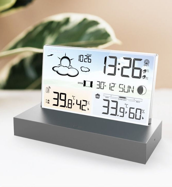 Transparent glass weather clock 3396C color screen RF wireless multi function weather forecast electronic alarm clock - Tech genius & freaks