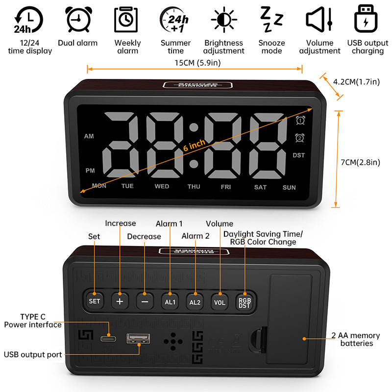 LED Wood-Grain Wooden Clock, RGB Color-Changing Dimming, Daylight Saving Time & Week Display, Desktop Electronic Alarm Clock - Tech genius & freaks