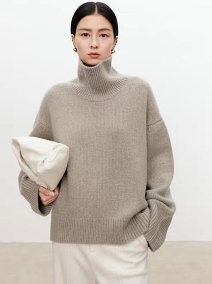 High neck cashmere sweater for women loose and thick with Woolen sweater with a knitted base - Tech genius & freaks