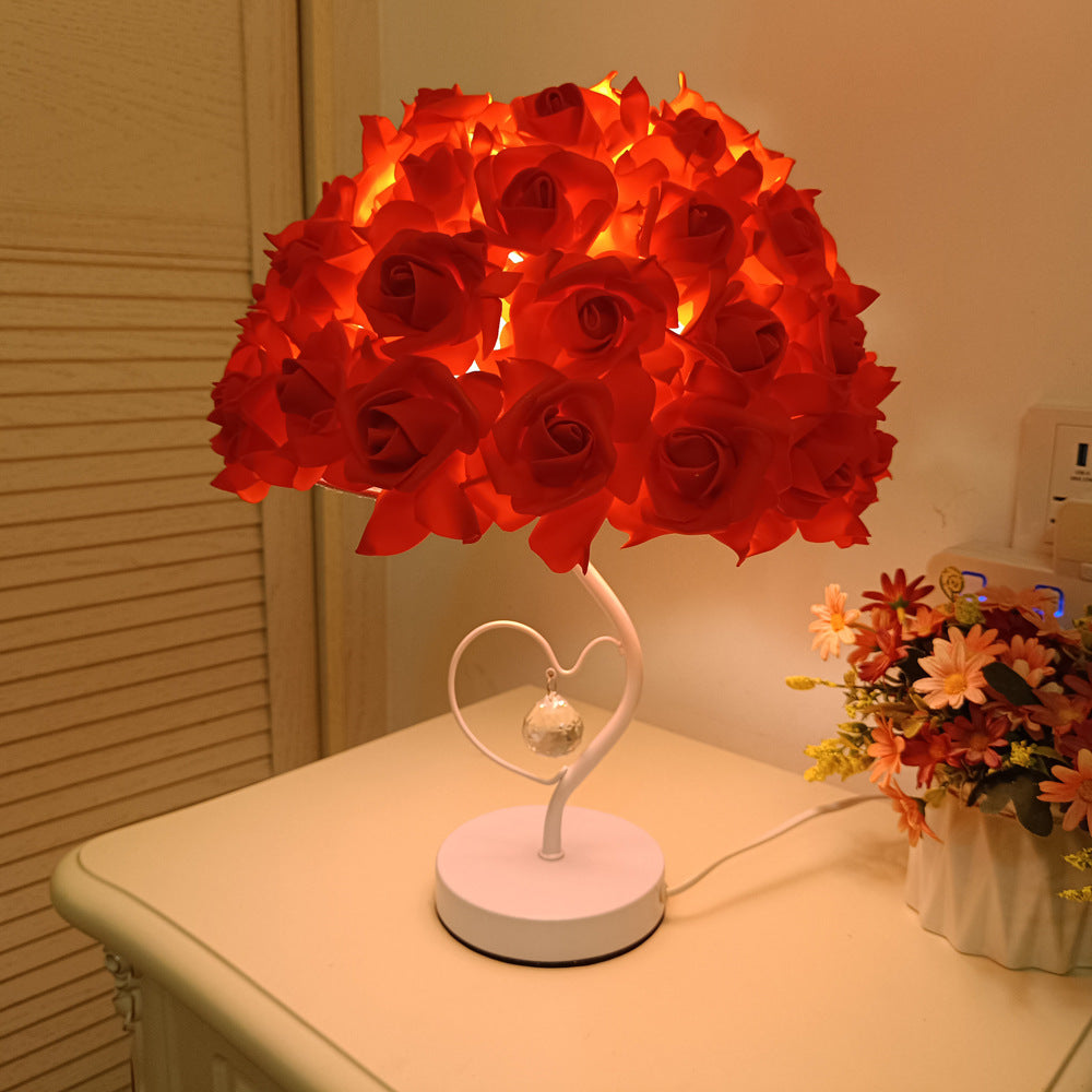 White stem heart-shaped crystal umbrella-shaped rose flower table lamp bedside lamp bedroom decoration ornaments wedding atmosphere table lamp - Tech genius & freaks