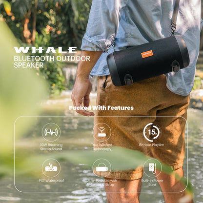 WHALE Bluetooth IPX7 Waterproof Outdoor Speaker, 30W Sound, USB Charge Out. - Tech genius & freaks