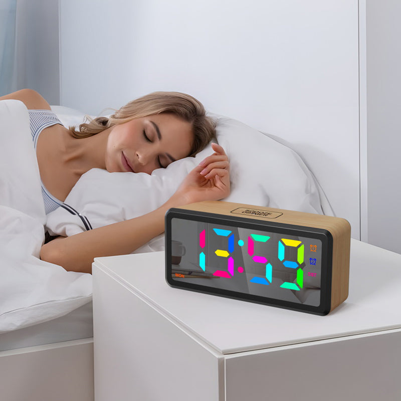 LED Wood-Grain Wooden Clock, RGB Color-Changing Dimming, Daylight Saving Time & Week Display, Desktop Electronic Alarm Clock - Tech genius & freaks