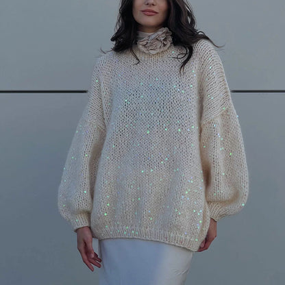 Fashionable sequined sweater, loose round neck lantern sleeve head, knitted sweater - Tech genius & freaks