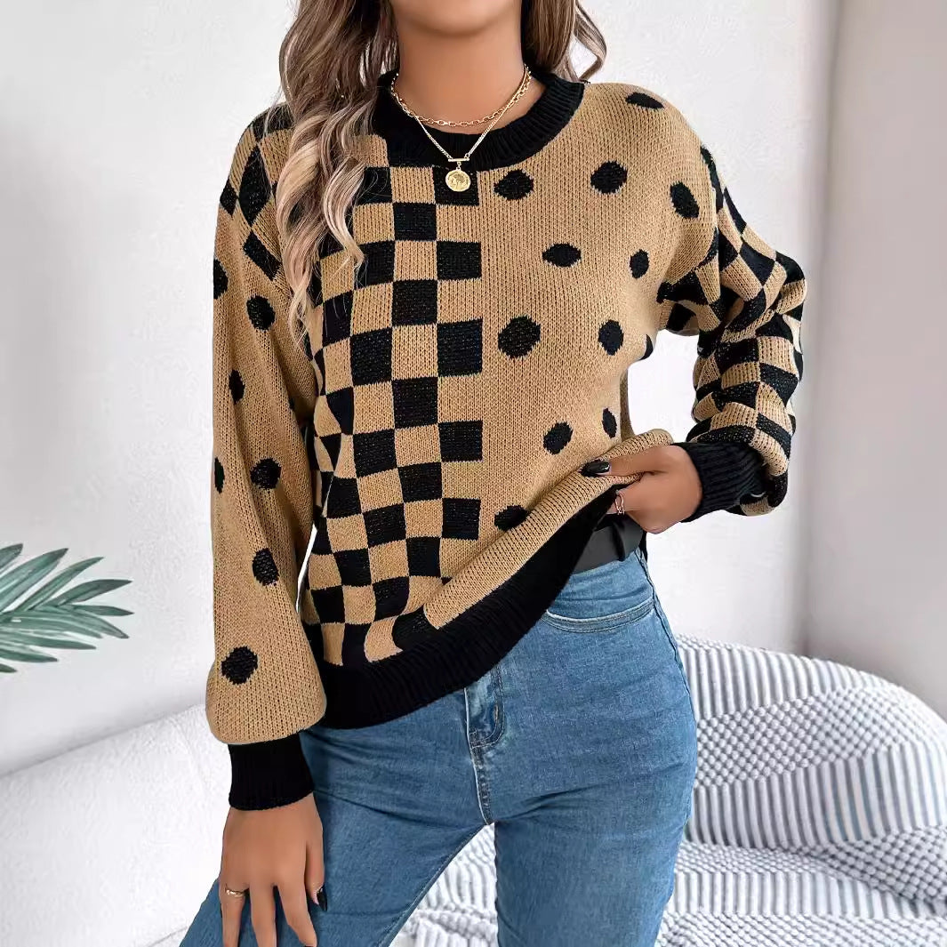 Casual contrasting polka dot checkered lantern sleeve sweater - Tech genius & freaks