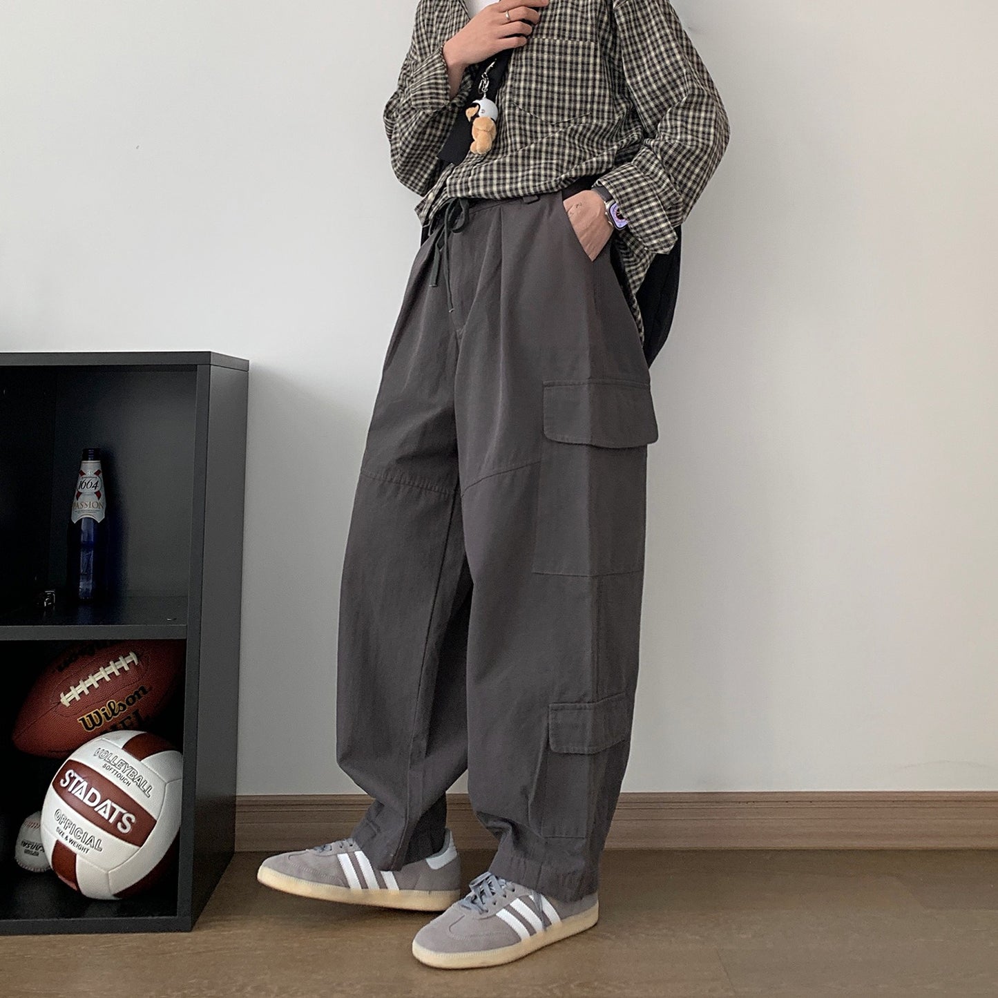 Dark gray Japanese loose wide leg workwear pants for men retro ankle tied casual pants with large pockets - Tech genius & freaks