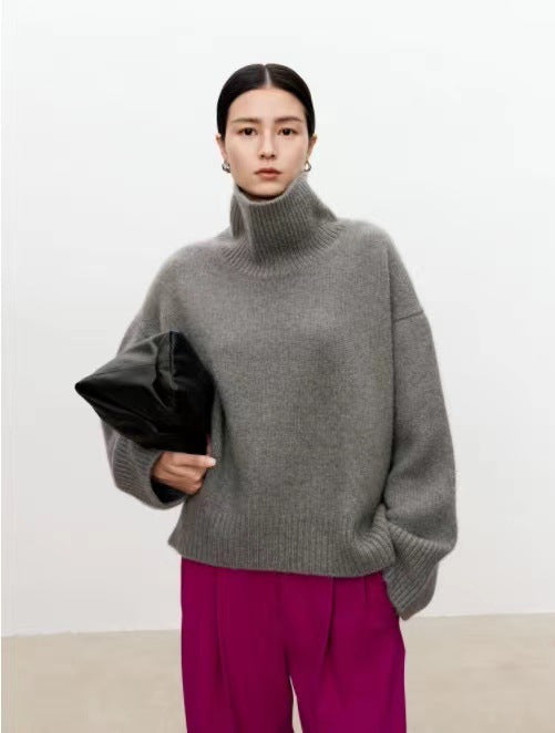 High neck cashmere sweater for women loose and thick with Woolen sweater with a knitted base - Tech genius & freaks