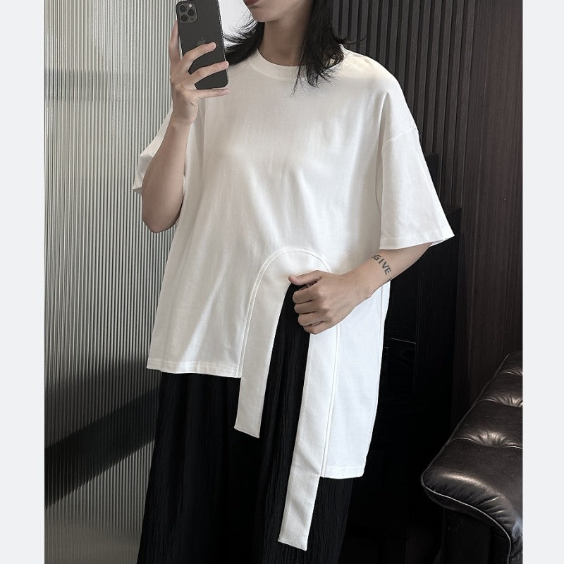 Cross cotton half sleeved T-shirt for women's summer new loose irregular black and white short sleeved top - Tech genius & freaks