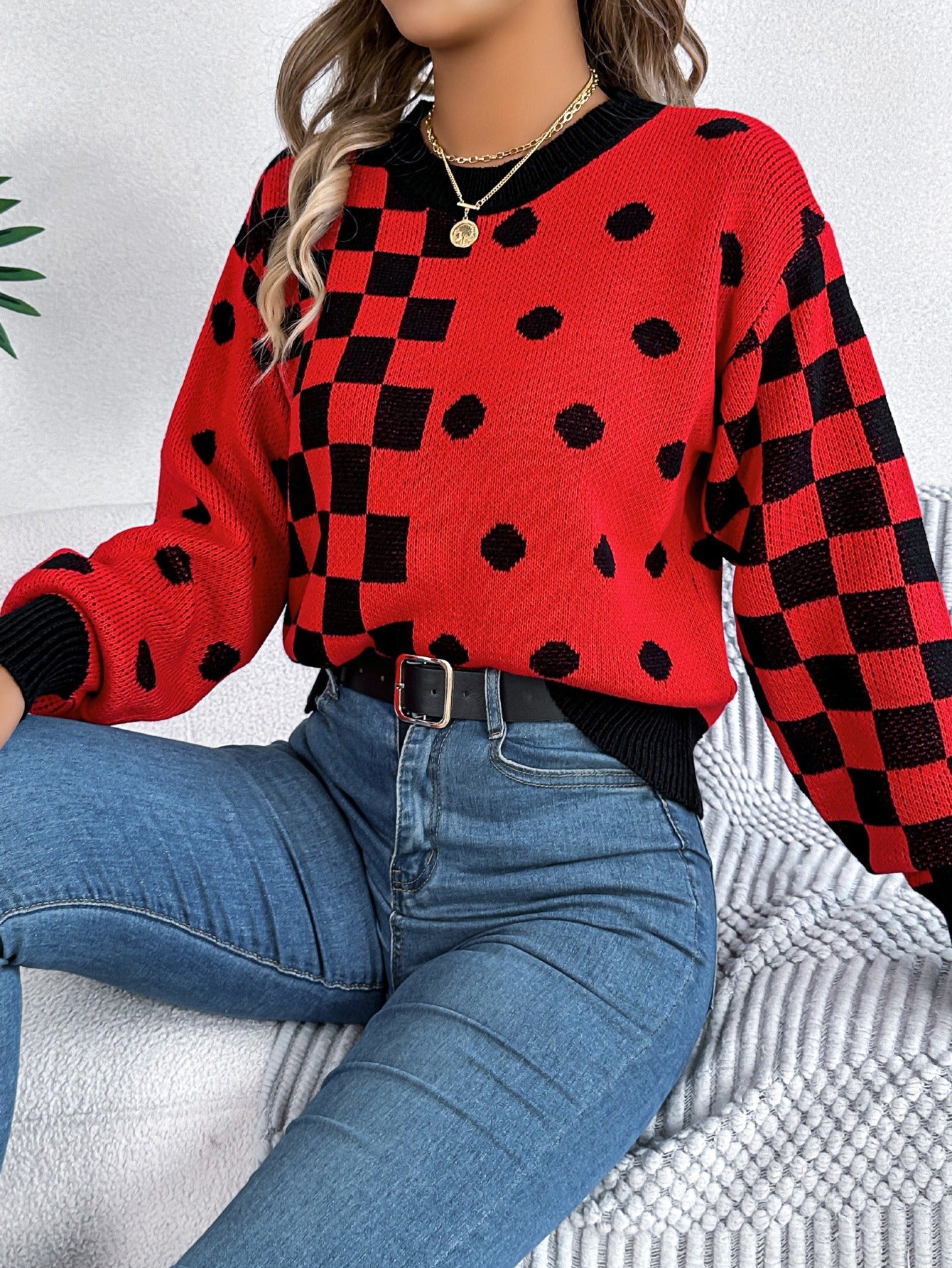 Casual contrasting polka dot checkered lantern sleeve sweater - Tech genius & freaks