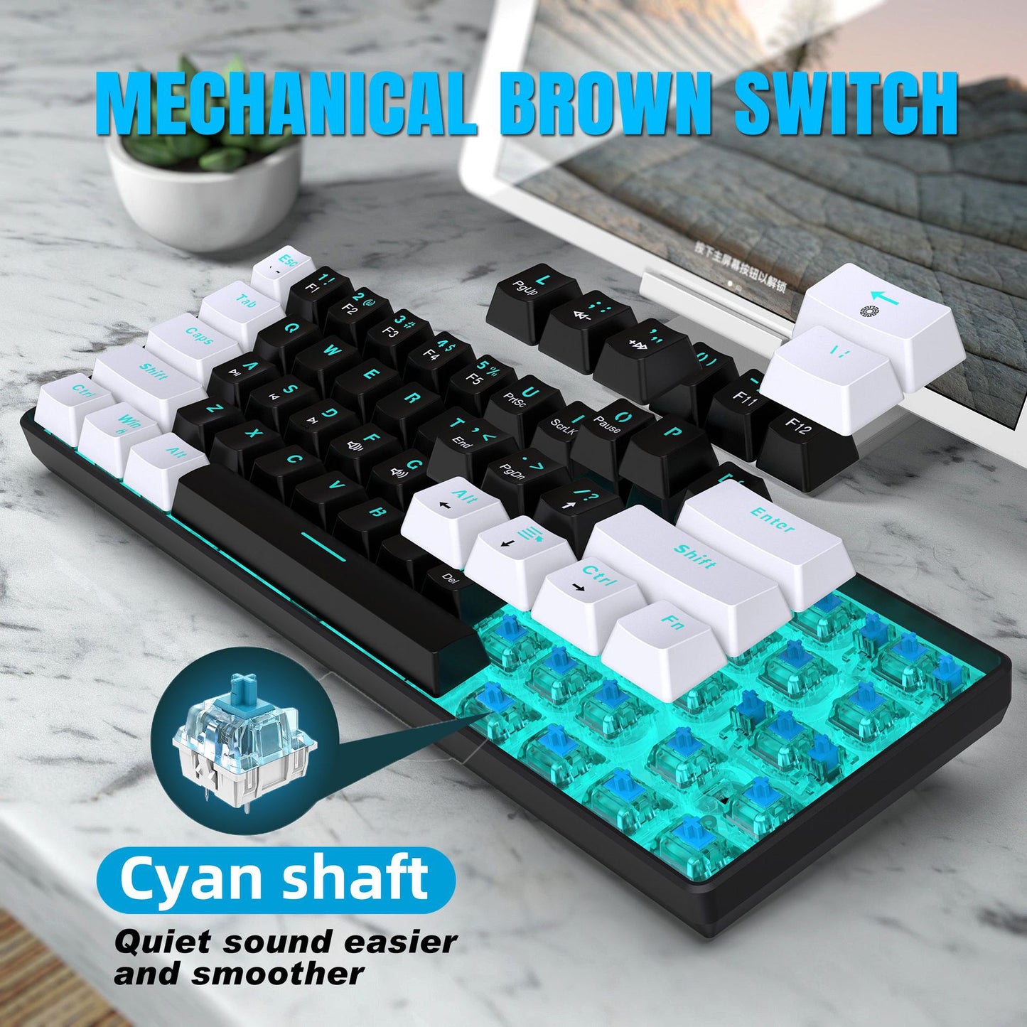 Mechanical keyboard 61 key short style small keyboard for office typing, black and white dual splicing ice blue backlit blue axis gaming keyboard - Tech genius & freaks