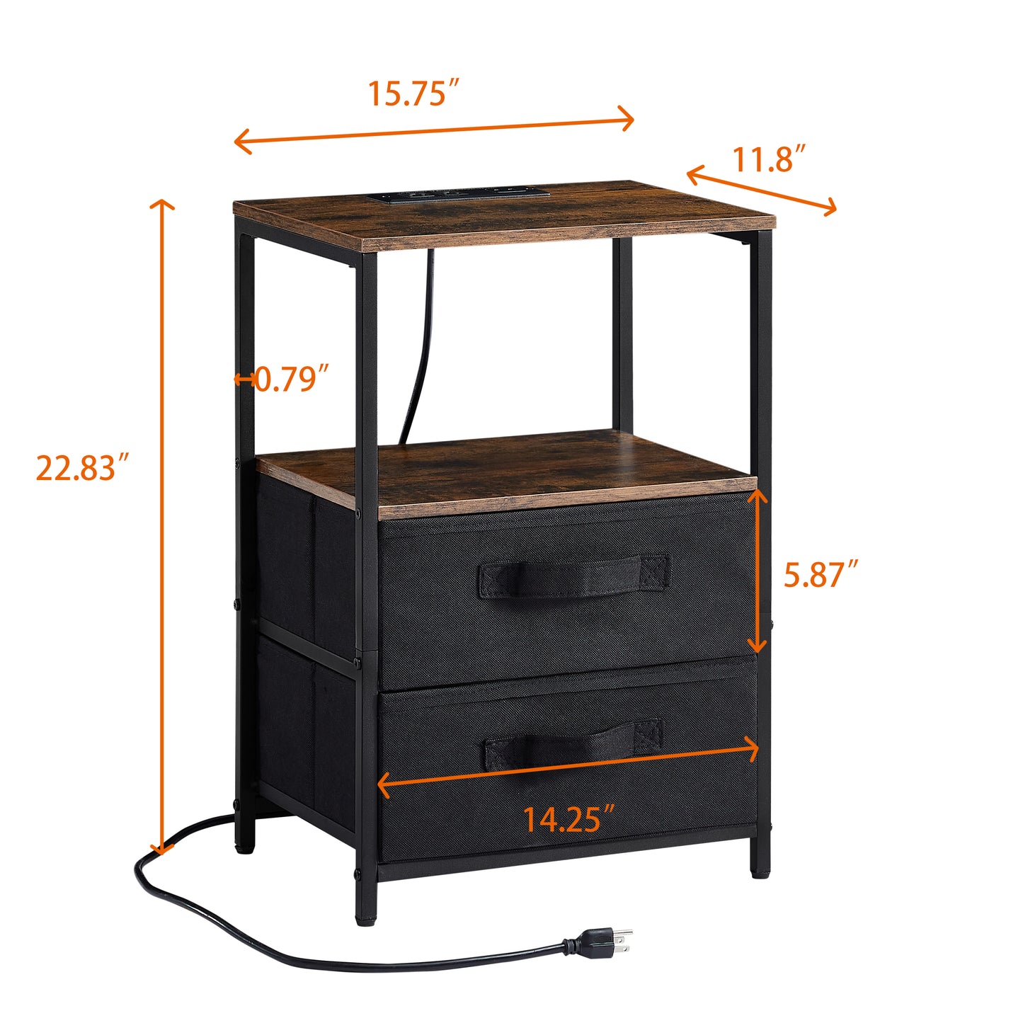 Tea table with charging station, bedside table with USB port, socket and cloth bag, 2 drawers - Tech genius & freaks