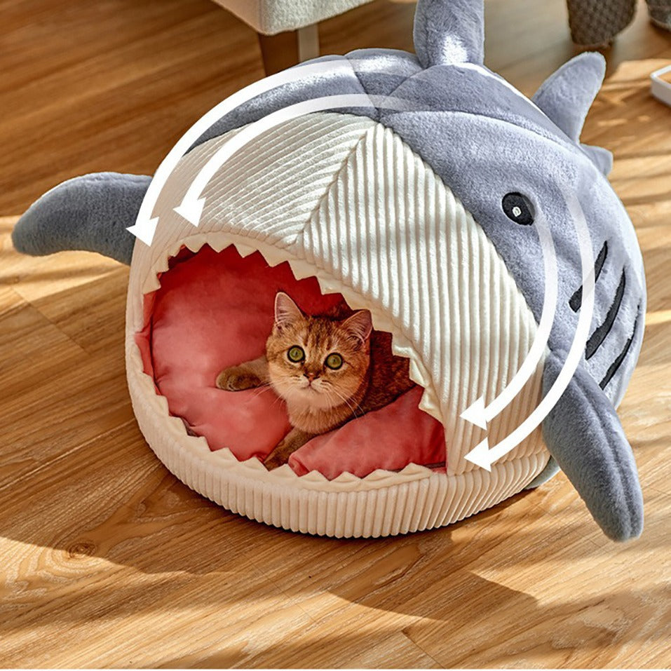 Autumn and Winter Warm Internet Celebrity Big Mouth Shark Pet Nest Semi Closed Cat Nest Dog Nest with Mat Deep Sleep Pet Supplies - Tech genius & freaks