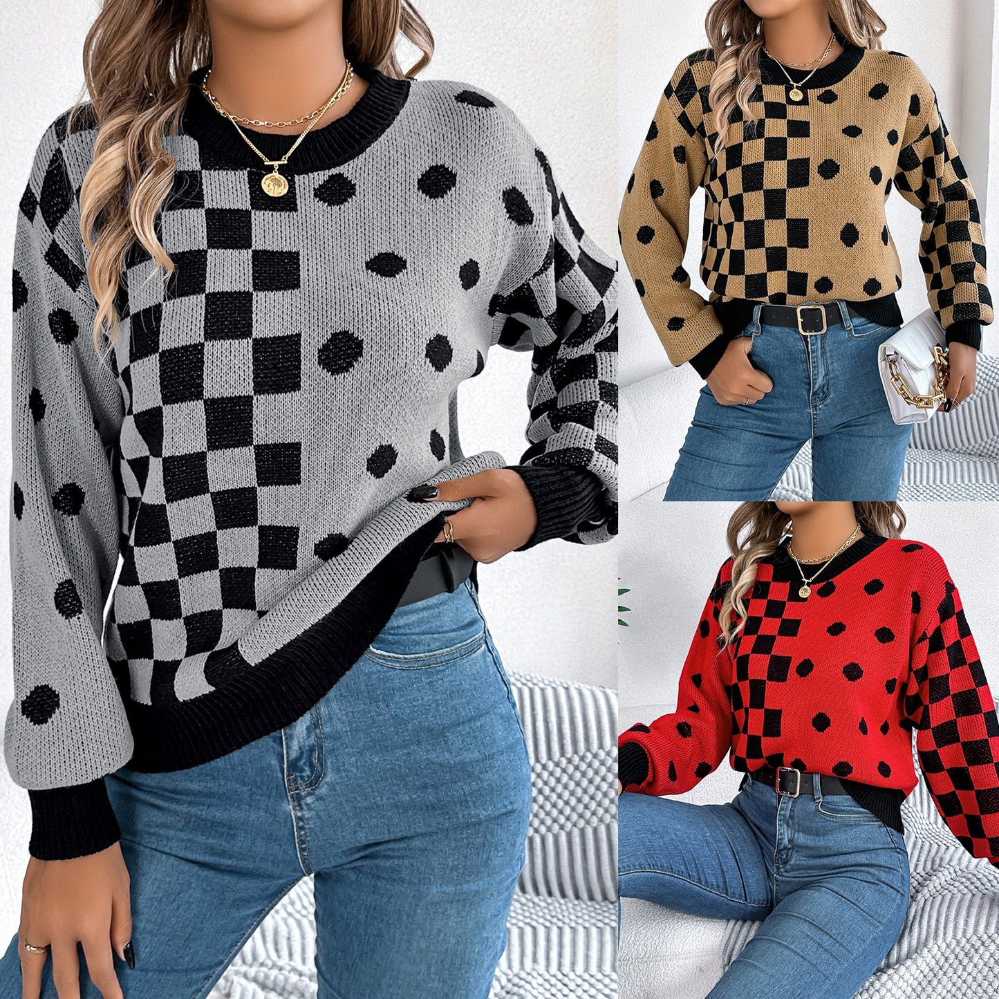 Casual contrasting polka dot checkered lantern sleeve sweater - Tech genius & freaks