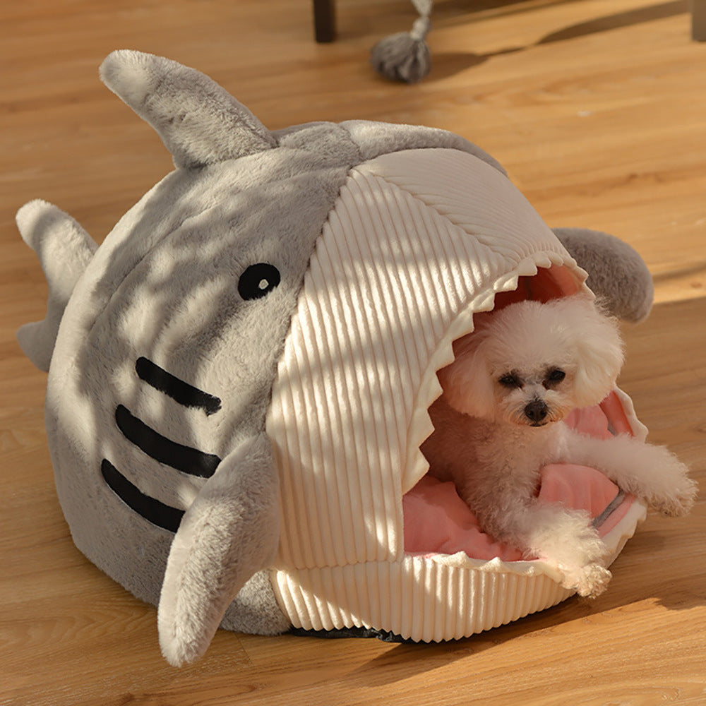 Autumn and Winter Warm Internet Celebrity Big Mouth Shark Pet Nest Semi Closed Cat Nest Dog Nest with Mat Deep Sleep Pet Supplies - Tech genius & freaks