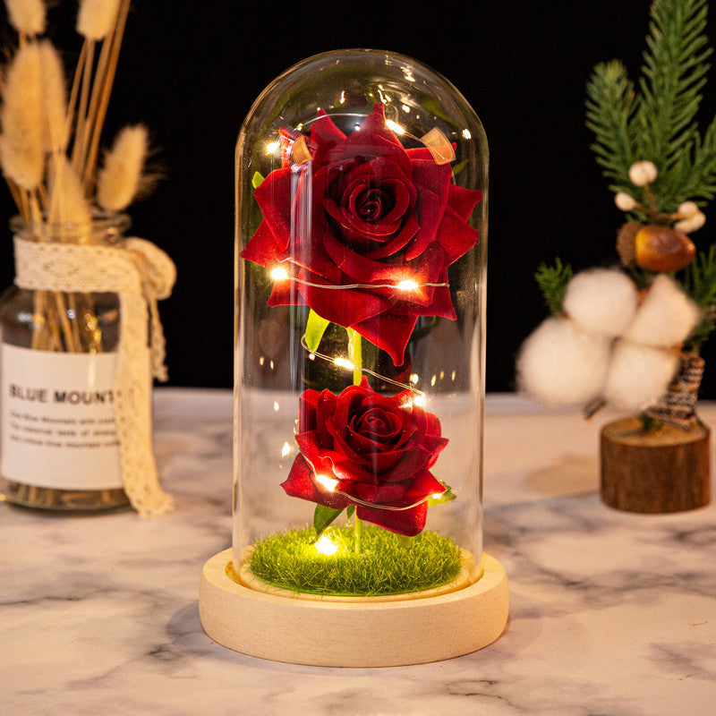 Christmas Valentine's Day Birthday Gift Two Roses Glass Cover Ornament LED Light Simulation Immortal Flower - Tech genius & freaks