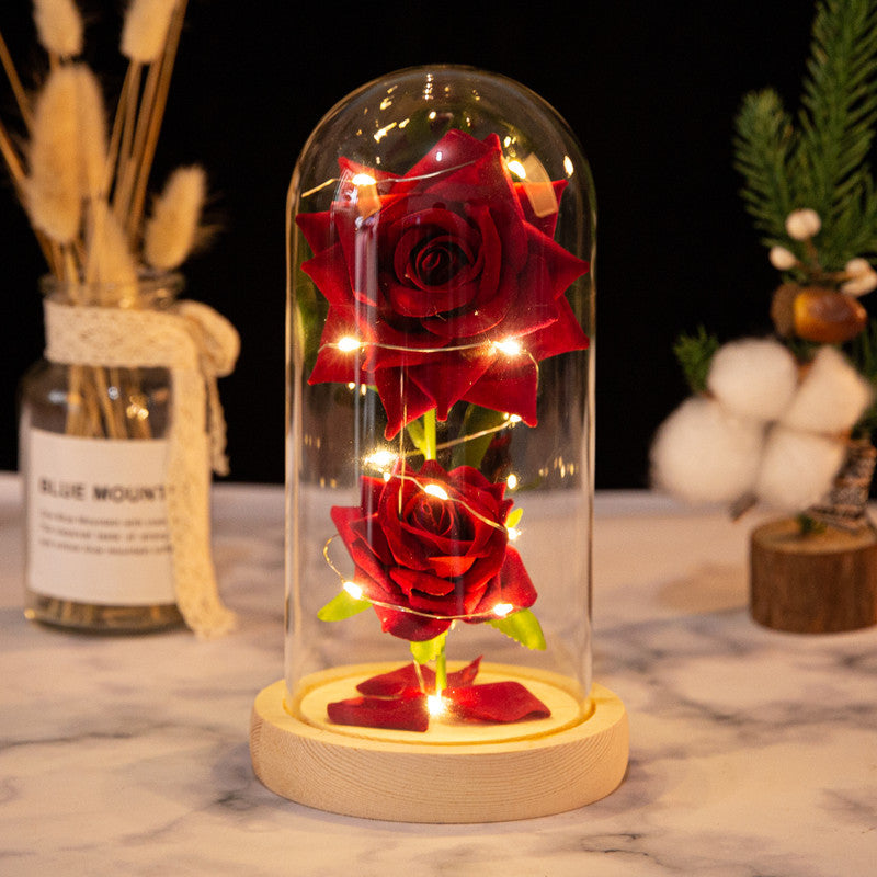 Christmas Valentine's Day Birthday Gift Two Roses Glass Cover Ornament LED Light Simulation Immortal Flower - Tech genius & freaks