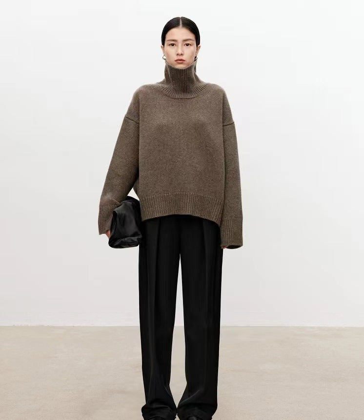 High neck cashmere sweater for women loose and thick with Woolen sweater with a knitted base - Tech genius & freaks