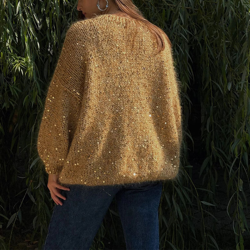 Fashionable sequined sweater, loose round neck lantern sleeve head, knitted sweater - Tech genius & freaks