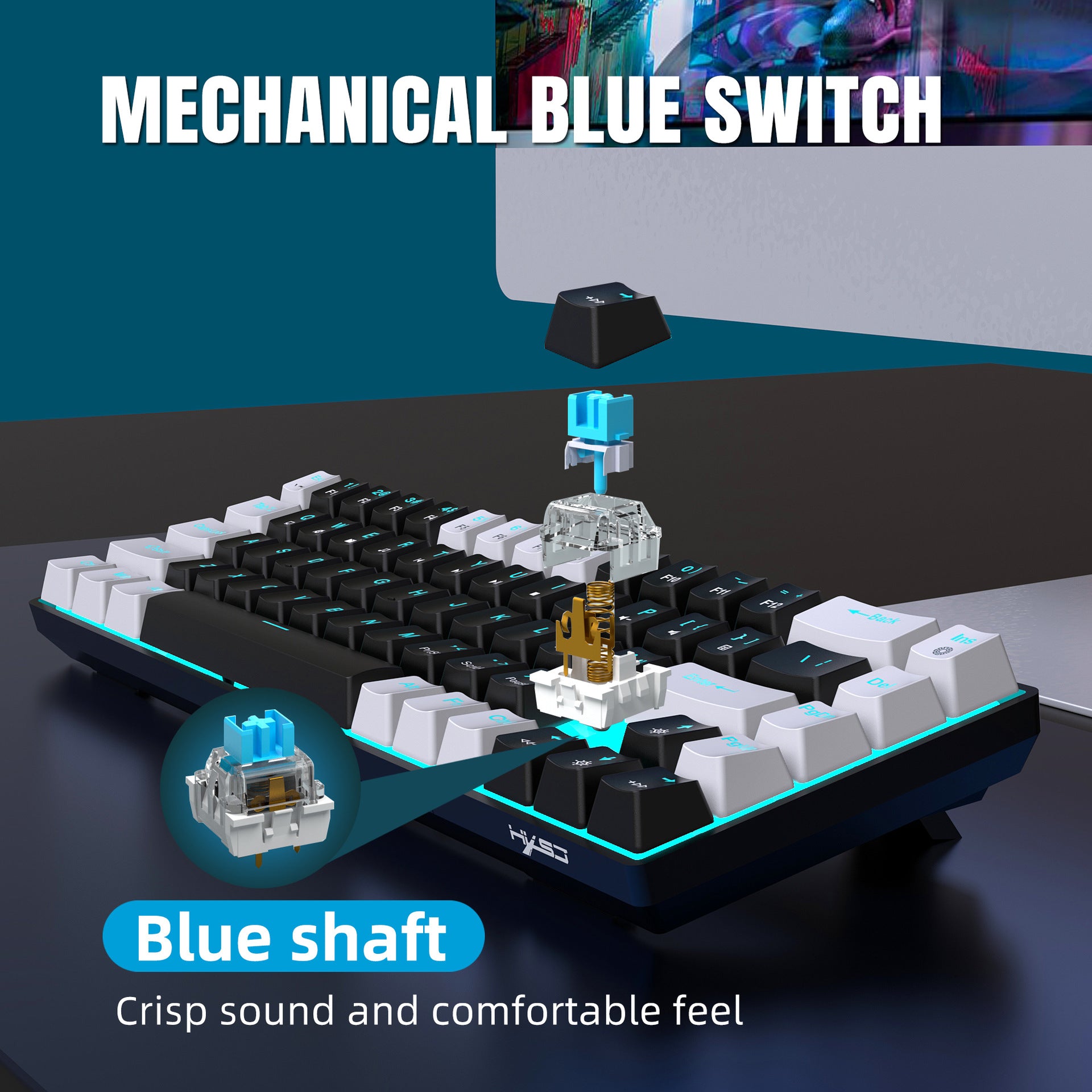 68 keys, 60% keyboard, customized color blocked keycaps, RGB mechanical keyboard, MINI set, plug-in blue axis ice blue disc - Tech genius & freaks