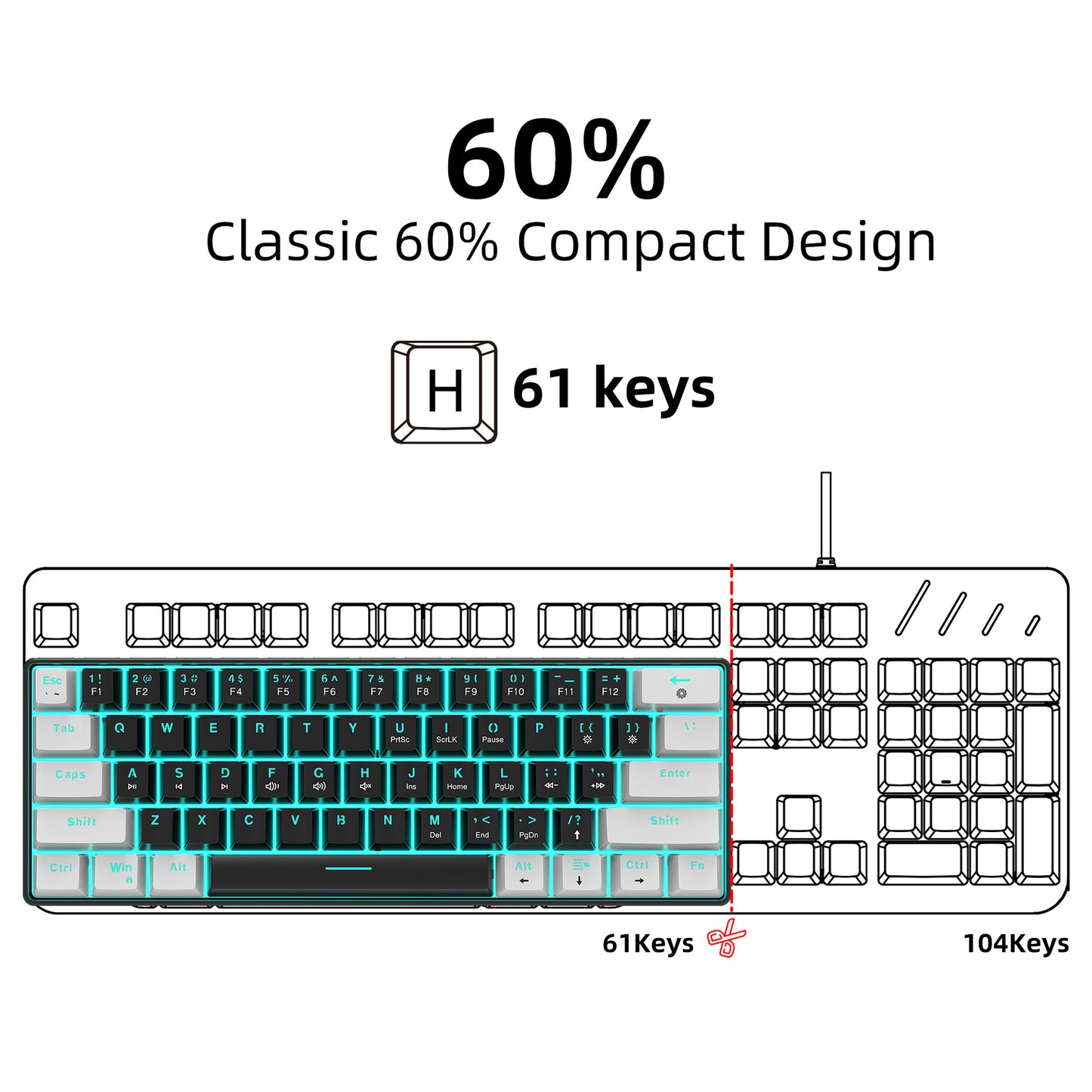 Mechanical keyboard 61 key short style small keyboard for office typing, black and white dual splicing ice blue backlit blue axis gaming keyboard - Tech genius & freaks