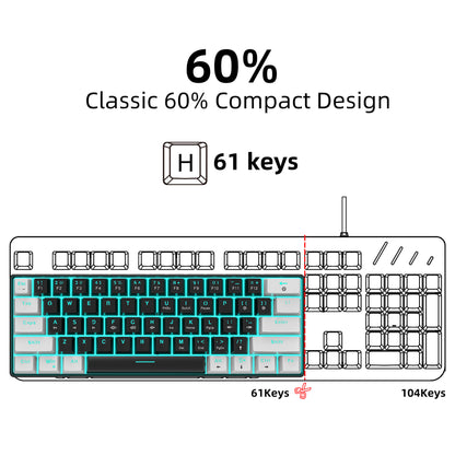 Mechanical keyboard 61 key short style small keyboard for office typing, black and white dual splicing ice blue backlit blue axis gaming keyboard - Tech genius & freaks