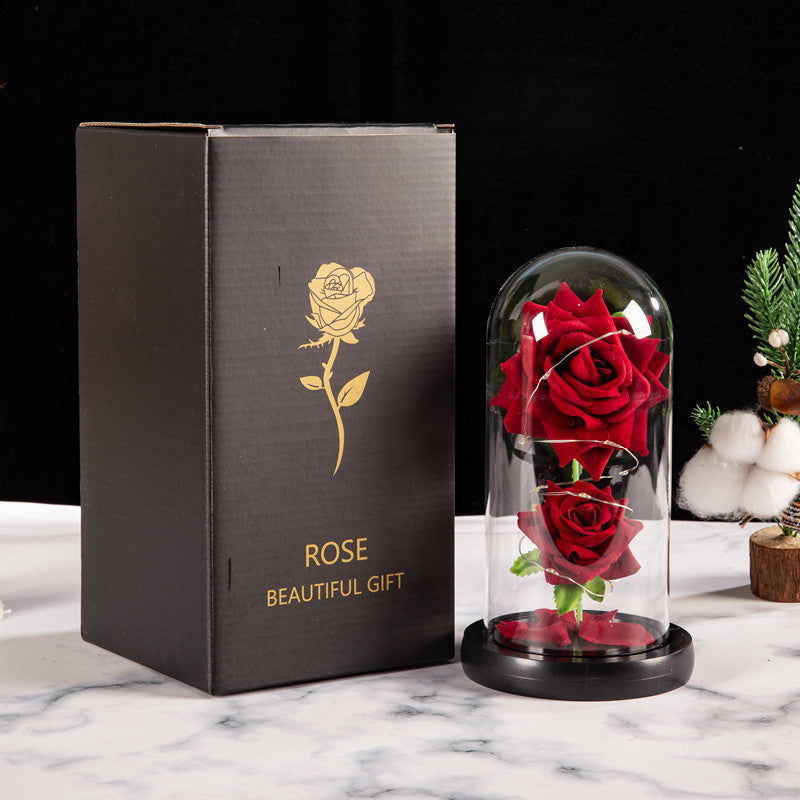 Christmas Valentine's Day Birthday Gift Two Roses Glass Cover Ornament LED Light Simulation Immortal Flower - Tech genius & freaks