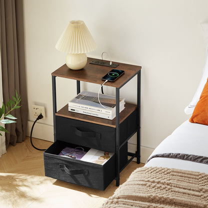 Tea table with charging station, bedside table with USB port, socket and cloth bag, 2 drawers - Tech genius & freaks