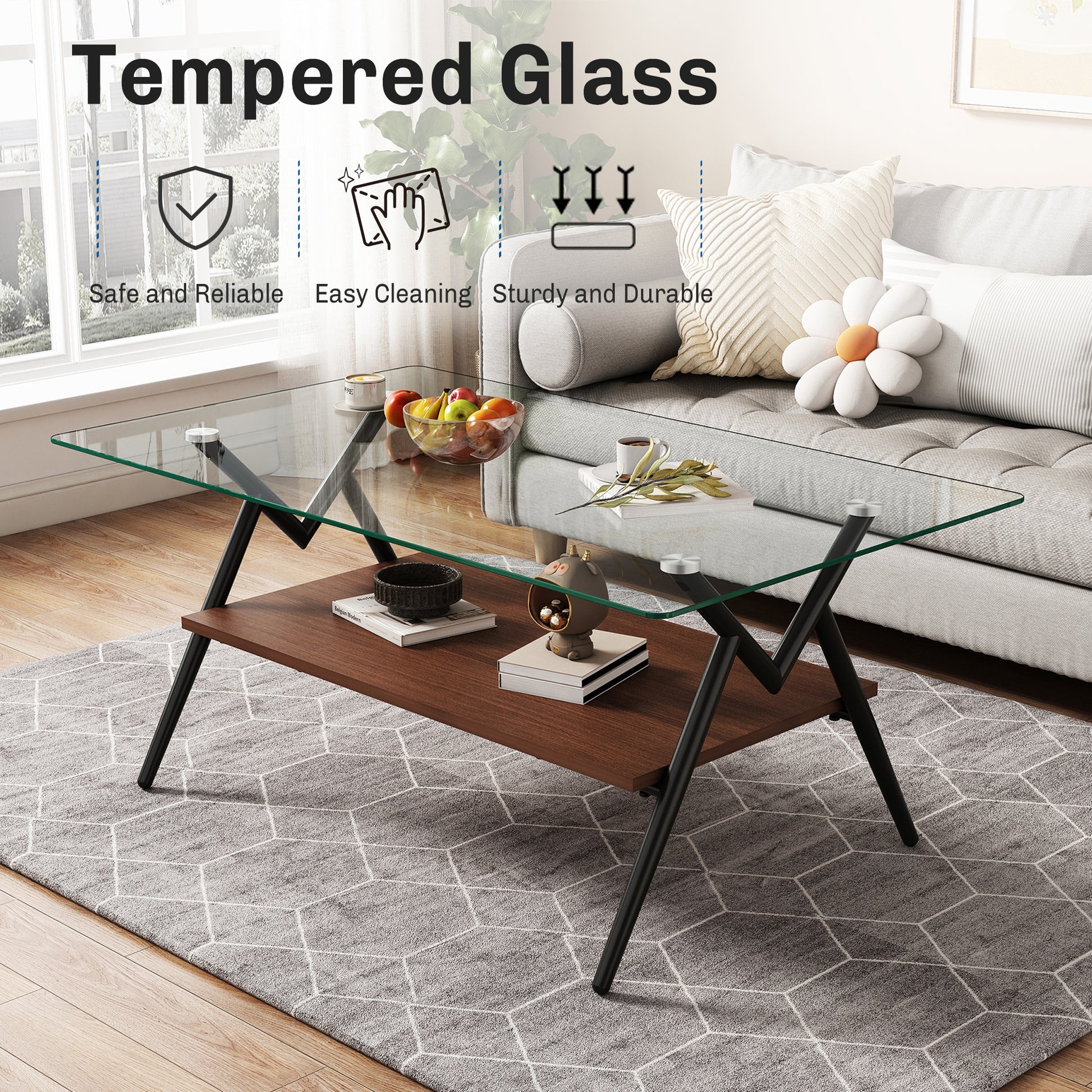 Rectangle Coffee Table with Tempered Glass top and Black Metal Legs, Modern Table for Living Room , Transparent Glass - Tech genius & freaks