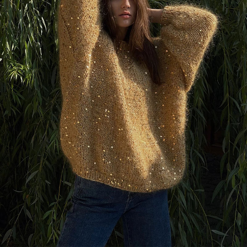 Fashionable sequined sweater, loose round neck lantern sleeve head, knitted sweater - Tech genius & freaks