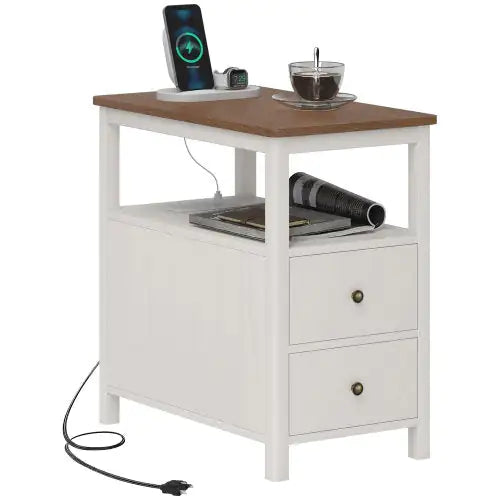 HOMCOM Sleek White End Table with USB & Charging Station - Tech genius & freaks