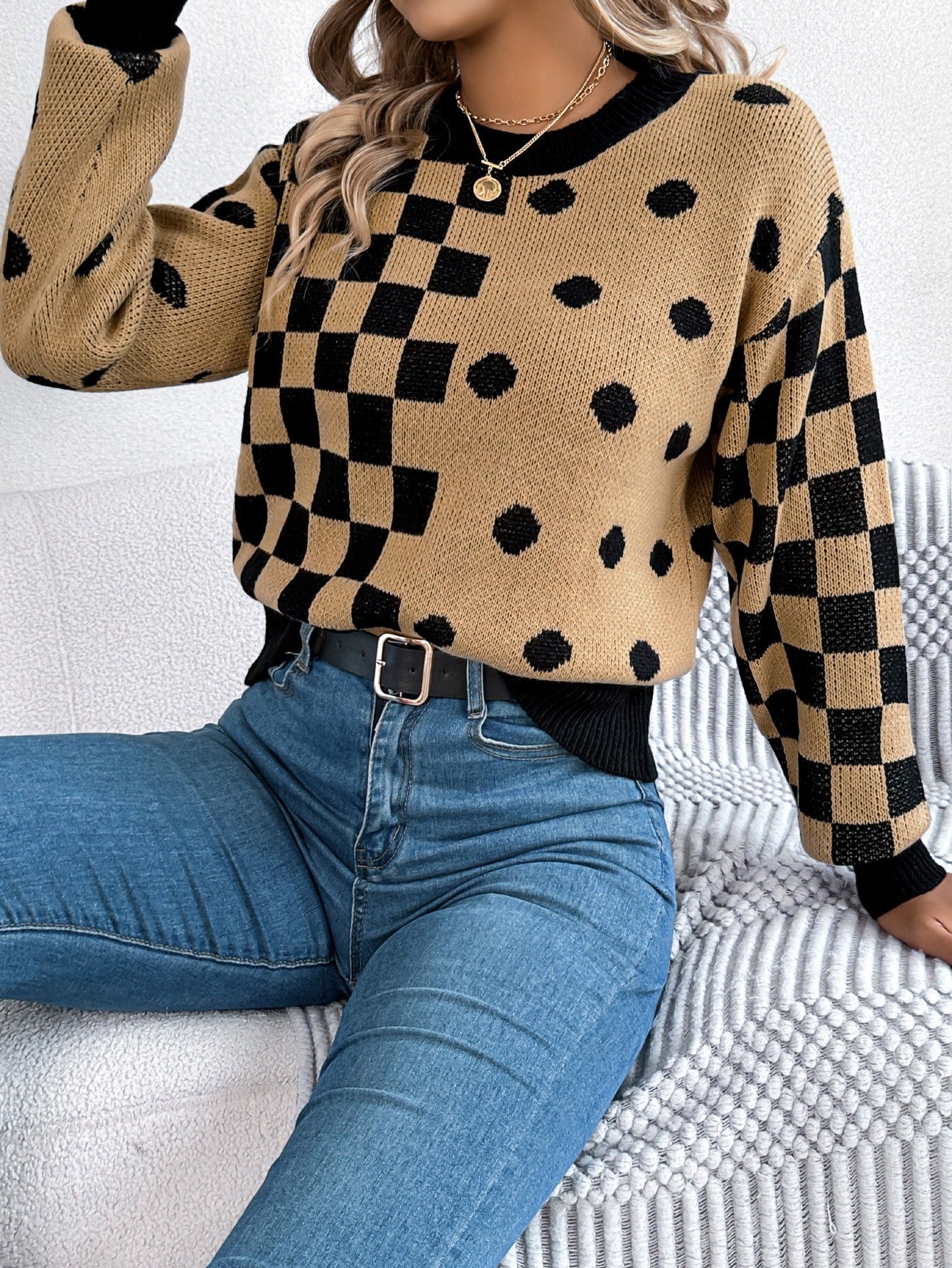 Casual contrasting polka dot checkered lantern sleeve sweater - Tech genius & freaks