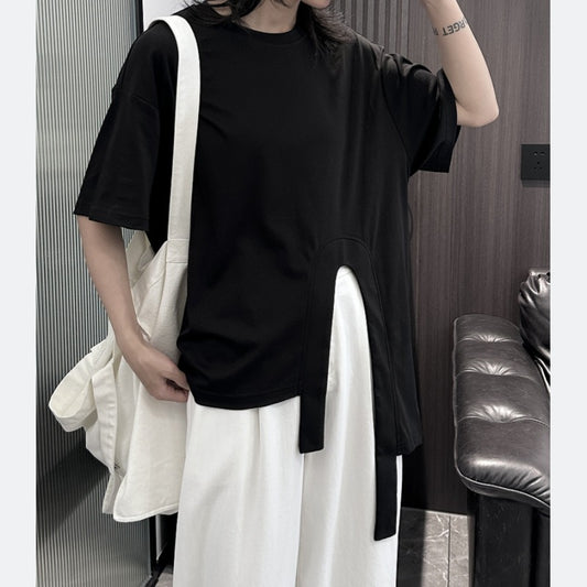 Cross cotton half sleeved T-shirt for women's summer new loose irregular black and white short sleeved top - Tech genius & freaks