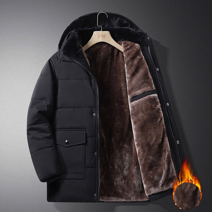 Coat men's winter new style with added velvet and thickened warm cotton clothing, business and leisure mid length hooded plus size men's cotton clothing - Tech genius & freaks