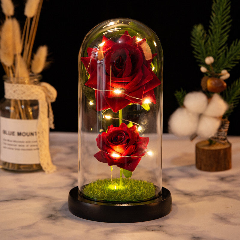 Christmas Valentine's Day Birthday Gift Two Roses Glass Cover Ornament LED Light Simulation Immortal Flower - Tech genius & freaks