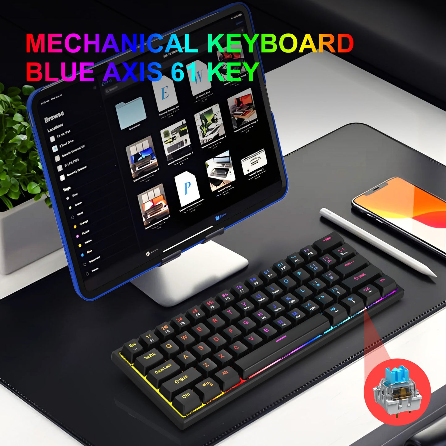 Plug in mechanical keyboard with blue shaft and 61 keys, mini portable wired detachable mechanical keyboard for esports - Tech genius & freaks