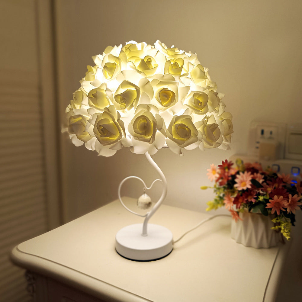 White stem heart-shaped crystal umbrella-shaped rose flower table lamp bedside lamp bedroom decoration ornaments wedding atmosphere table lamp - Tech genius & freaks