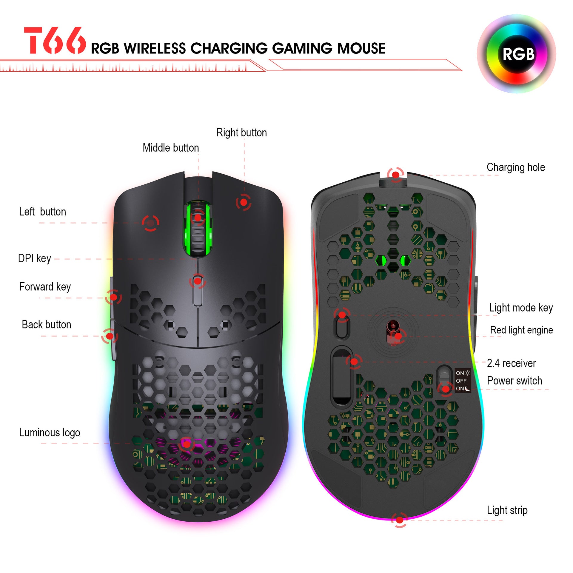 Lightweight hollow hole mouse RGB wireless 2.4G charging game light computer office mouse - Tech genius & freaks