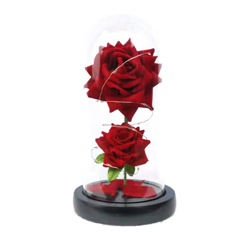 Christmas Valentine's Day Birthday Gift Two Roses Glass Cover Ornament LED Light Simulation Immortal Flower - Tech genius & freaks