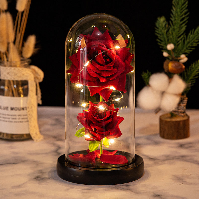 Christmas Valentine's Day Birthday Gift Two Roses Glass Cover Ornament LED Light Simulation Immortal Flower - Tech genius & freaks