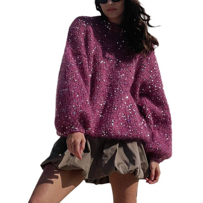 Fashionable sequined sweater, loose round neck lantern sleeve head, knitted sweater - Tech genius & freaks