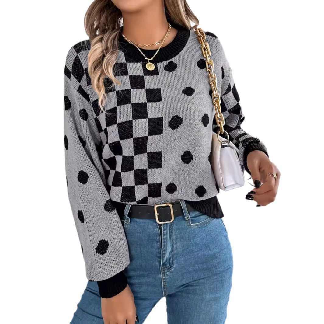 Casual contrasting polka dot checkered lantern sleeve sweater - Tech genius & freaks